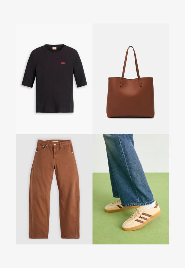 Crna pamučna majica s okruglim izrezom i kratkim rukavima. Ima mali crveni Levi's logo na prsima. Mekan na dodir.; Traperice ravnog kroja u smešnoj smešnoj smešnoj boji, s prednjim i stražnjim džepovima, metalnim zakovicama, kopčanjem na dugme i petljama za remen, položene ravno na beloj pozadini.; Bež tenisice s teksturiranim kremastim panelima i smeškim prugama, u kombinaciji s plavim trapericama. Traperice imaju široke nogavice i poderane rubove.; Smeđa kožna torba preko ramena s glatkom teksturom, otvorenim vrhom i dvjema naramenicama. Ima minimalne šavove i nema vidljivog hardvera.