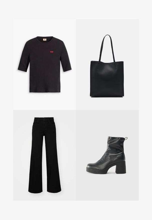 Must musta T-särk ümarate kaelustega ja lühikeste varrukatega. Esiküljel on väike punane Levi'si logo. Pehme tekstuur.; Mustad mustad püksid, mis on valmistatud denimist, struktuurse vöökohtade, vöökootidega ja esikottidega. Sile tekstuur klassikalise disainiga.; Mustad mustad ansapüksid, mis on valmistatud siledast nahast, külje zipperiga, paksu tekstuuriga kontsaga ja ümmarguse nina disainiga.; Mustast nahast kott sujuva tekstuuriga, ristkülikukujuline ja kahe pika sangaga. Pole nähtavat riistvara ega kaunistusi.