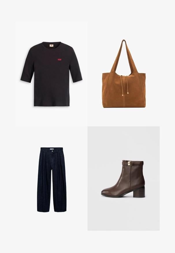 Crna pamučna majica s okruglim izrezom i kratkim rukavima. Ima mali crveni Levi's logo na prsima. Mekan na dodir.; Tamno plave široke hlače s plisama na struku, s prednji gumbom i petljama za remen. Glatka tekstura i dizajn punih dužina.; Smeđe kožne gležnjače s okruglim nosom, niskim blok-petama i dekorativnom kopčom oko gležnja. Glatka tekstura i elegantan dizajn.; Smeđa antilop torba za ruke s dva duga remena, zatvaranje na vezicu i minimalistički dizajn. Glatka tekstura i bez vidljivih metalnih elemenata.