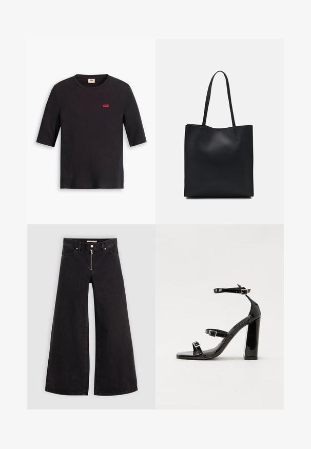 Črni bombažni T-shirt z okroglim izrezom in kratkimi rokavi. Ima majhen rdeč logotip Levi's na prsih. Mehka tekstura.; Široke traperice iz črnega denima z zadrgo spredaj, petimi žepi in diskretnimi šivi. Gladka tekstura in ležeren slog.; Črne lakirane sandale s peto, kvadratnim prstom, trakovi okrog gležnja in srebrnimi zaponkami. Opremljene so s stabilno Debelo peto.; Črna usnjena torba s svilnato teksturo, pravokotne oblike in dvema dolgima ročajema. Brez vidnih metalnih delov ali okrasnih elementov.