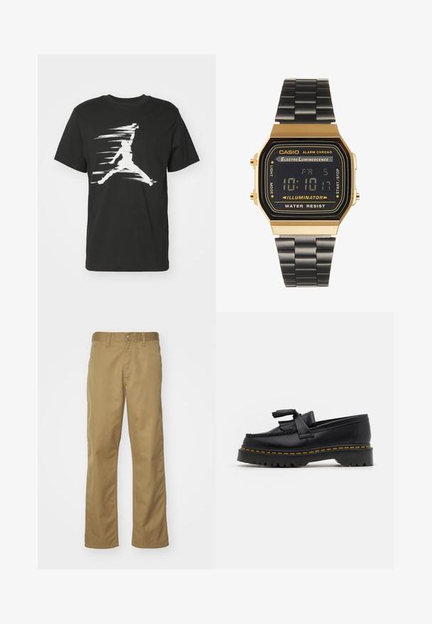 Jordan CREW - Trükipildiga T-särk - black/sail; Khaki chinos sirge säärega, valmistatud siledast puuvillakangast. Omab esipaneeli nupuga sulgemist ja külje taskuid.; Mustmust musta loafer, millel on frantsiisi aktsent, paks must tald ja kollane õmblus servas. Tekstuuriga viimistlus.; Digitaalne randmekell kuldse tooni ristküliku kujulise korpusega, musta LCD-ekraaniga ja musta metallkettiga. Omab alarmi ja veekindluse funktsioone.