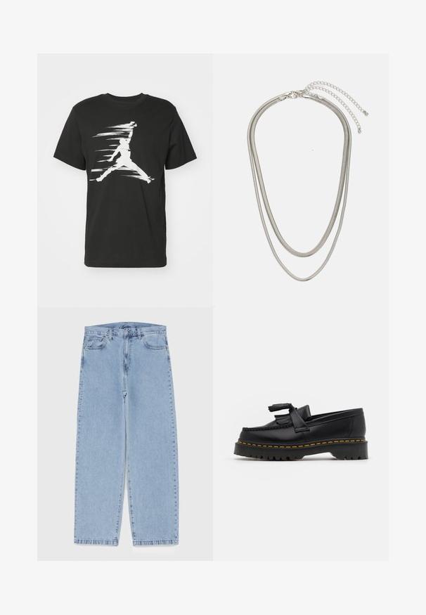 Jordan CREW - T-shirts med print - black/sail; Lyseblå denimjeans med rett ben-design, med mid-rise liv, fem lommer og knap og lynlås lukning.; Svart skinn loafers med en kvastdetalj, med en tjock svart sula och gul sömnad längs kanten. Texturerad yta.; Tre-lags sølvmetallkjede med elegante, fleksible kjeder med en svak glans, sikret med en krabbe-lås og justerbar kjede.