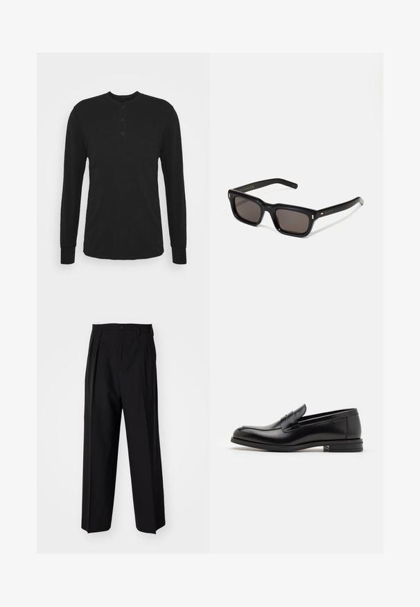 Schwarzes Langarmshirt mit rundem Halsausschnitt, Knopfleiste mit drei Knöpfen und taillierten Bündchen. Hergestellt aus weichem Stoff mit glatter Textur.; Schwarze, plissierte Hose mit geradem, weitem Bein. Hergestellt aus glattem Stoff, mit Knopfverschluss und Gürtelschlaufen.; Schwarze Lederloafers mit glatter Textur, rundem Zehenbereich und einem dekorativen Riemen über dem Vorderfuß. Niedriger, gestapelter Absatz, minimalistisches Design.; Schwarze rechteckige Sonnenbrille mit dunklen Gläsern, dickem Kunststoffrahmen, goldenen Akzenten an den Bügeln und eingraviertem Markenlogo am Arm.