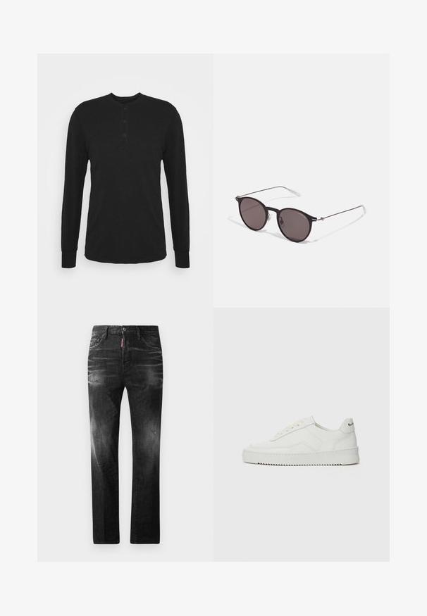 Fekete, hosszú ujjú póló kerek nyakkivágással, három gombos gombolással és testhezálló mandzsettákkal. Puha anyagból készült, sima tapintással.; Fekete farmernadrág egyenes szabással. Fakadó területek, kisebb kopások, klasszikus öt zsebes kialakítás és gombos zárás jellemzi.; Fehér bőr sportcipő sima felülettel, kerek orral, lapos fűzőkkel és texturált talppal. Finom logó található a sarokon.; Fekete kerek napszemüveg sötét lencsékkel és karcsú fém szárakkal. Átlátszó szárvégeket és ezüst részleteket tartalmaz az ívnél. Minimalista dizájn.