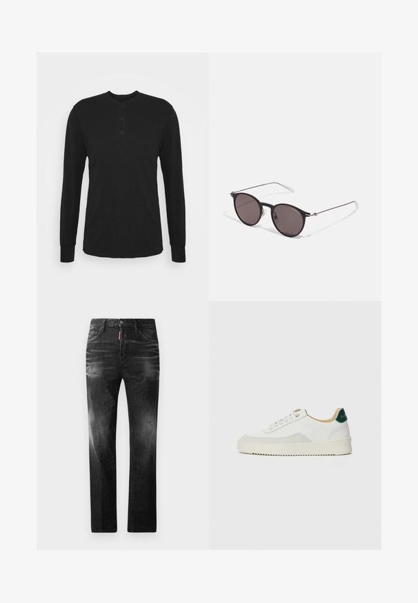 Črna dolga majica z dolgimi rokavi in okroglim izrezom, z zapenjanjem na tri gumbe in prilegajočimi manšetami. Narejena iz mehke tkanine z gladko teksturo.; Črne jeans hlače s ravnim krojem. Imajo zbledela mesta, manjše obrabe, klasičen petnajstni žepni dizajn in gumbasto zapiranje.; Bela trenerka z zaključki iz semiša, okroglo konico, ravne vezalke in kremna gumijasta podplata. Ima zeleno blagovno znamko na peti.; Črne okrogla sončna očala s temnimi lečami in tankimi kovinskimi ročaji. Vključujejo prosojne konec ročajev in srebrne poudarke na tečaju. Minimalističen dizajn.
