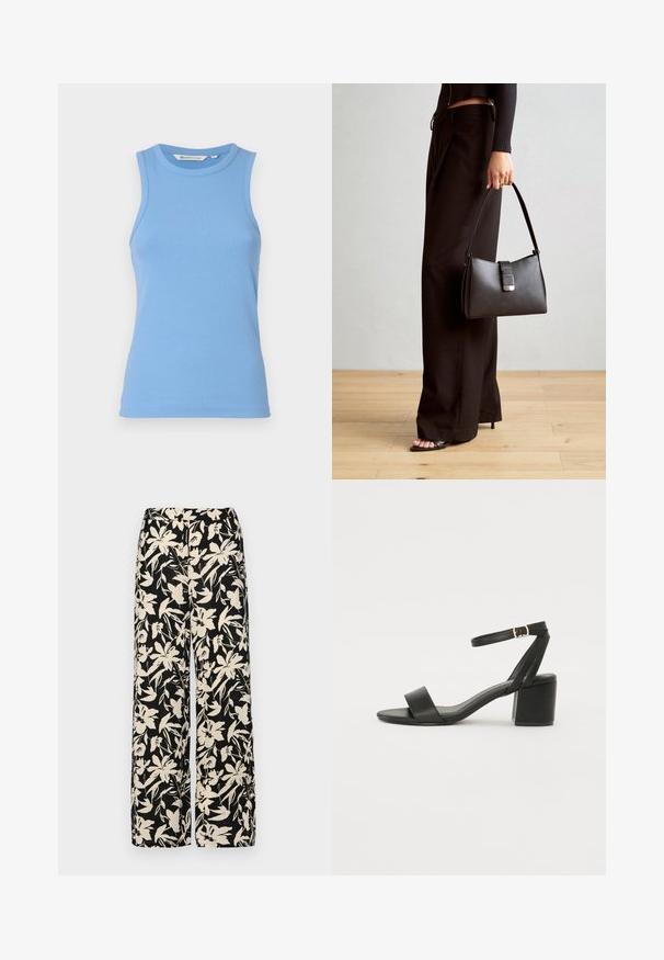 Heled sinine ilma varrukateta topp, mis on valmistatud ribakudumist, omades ümmargust kaelust ja keha lähedast lõiget. Sile tekstuur, kus ei ole nähtavaid mustreid.; Mustad laiad püksid kreemja lillemustriga. Valmistatud kergest kangast, millel on sile tekstuur ja kõrge vöökoht.; Mustad mustakäpp featuring a sileda nahast ülemine osa, avatud varvas, laiad esistrapid ja reguleeritav pahkluu rihm kuldse pandlaga.; Must musta kott, millel on struktureeritud kuju, sile tekstuur ja metallist klamber. Kombineeritud laiate mustade pükstega ja avatud varvaste sandaalidega puidust põrandal.