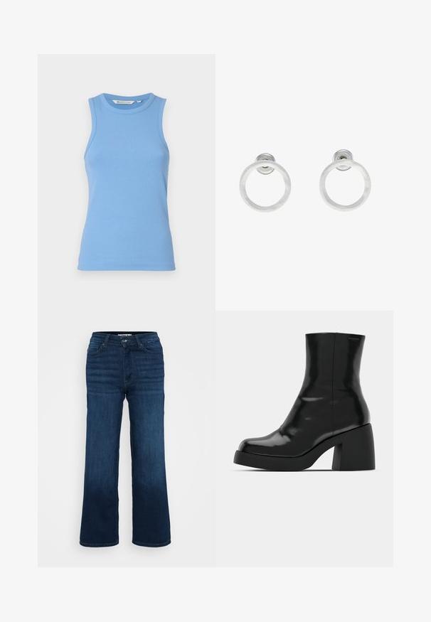 Heled sinine ilma varrukateta topp, mis on valmistatud ribakudumist, omades ümmargust kaelust ja keha lähedast lõiget. Sile tekstuur, kus ei ole nähtavaid mustreid.; ONLY Petite ONLMADISON BLUSH WIDE - Wide leg - dark blue denim; Mustad mustad, läikiva viimistlusega, ruudukujulise varbaga ja paksu plokktallaga. Kujundus sisaldab sujuvat siluetti ja minimaalset brändimist.; Hõbedased metallist rõngastooted, millel on harjatud tekstuur, ümmargune disain ja selge tagumine post, tagamaks kindlat kandmist.