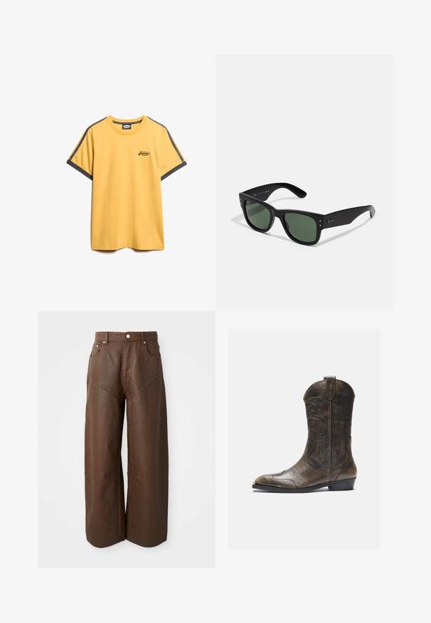Camiseta de algodón amarilla con rayas de acento grises en las mangas. Presenta un pequeño logo bordado en el pecho y un cuello redondo.; Pantalones de cuero marrón de pierna ancha con cinco bolsillos y cierre de botón, exhibidos sobre un fondo blanco liso.; Bota de cowboy de cuero marrón con un caña alta, puntera puntiaguda, patrones de costura intrincados y un tacón pequeño. Acabado texturizado en toda la bota.; Gafas de sol rectangulares negras con lentes verdes, acabado mate, sutiles acentos de hardware y logotipo grabado en la patilla.