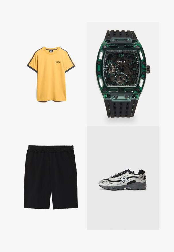Żółta bawełniana koszulka z szarymi paskami akcentującymi na rękawach. Posiada małe, haftowane logo na piersi oraz okrągły dekolt.; Czarne bawełniane szorty z elastycznym pasem, dwoma bocznymi kieszeniami, luźnym krojem i surowymi krawędziami u dołu, które nadają casualowy wygląd.; Srebrne i czarne buty sportowe z siateczkową cholewką, amortyzowaną podeszwą, wiązanym zapięciem i bocznym logo.; Zegarek Guess z prostokątną, zieloną plastikową kopertą, czarnym, teksturowanym paskiem z gumy oraz wieloma tarczami z wyraźnymi cyframi i akcentami.