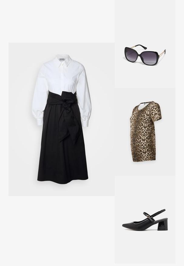 T-skjorte med leopardmønster som har V-hals, korte ermer og et mykt, teksturert stoff i brun og gull mot en svart bakgrunn.; Hvit skjorte med lange puffermer, kombinert med en svart skjørt og tekstilbelte knyttet i midjen, laget av glatt bomullsmateriale.; Sorte lakk lær slingback hæler med spiss tå, et avrundet utskjæringsdesign og blokkheel. Har en gulltone spenne som detalj.; Sorte oversized solbriller med gradient linser, tykke rammer og detaljering med gulltonekjede på tempelarmene.; Svart totebag laget av syntetisk materiale, med et enkelt rektangulært design, gullfargede firkantede detaljer og doble håndtak.