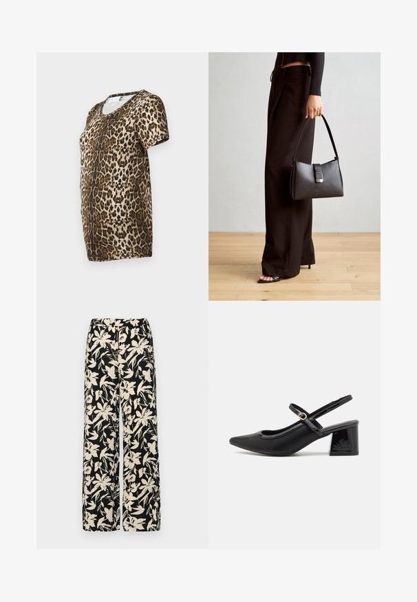 T-skjorte med leopardmønster som har V-hals, korte ermer og et mykt, teksturert stoff i brun og gull mot en svart bakgrunn.; Sorte vide bukser med et cremet blomster mønster. Fremstillet af letvægtsstof, med en glat tekstur og en høj talje.; Sorte lakk lær slingback hæler med spiss tå, et avrundet utskjæringsdesign og blokkheel. Har en gulltone spenne som detalj.; Svart håndveske med strukturert form, jevn tekstur og metallisk lås. Kombinert med brede svarte bukser og sandaler med åpen tå på tregulv.