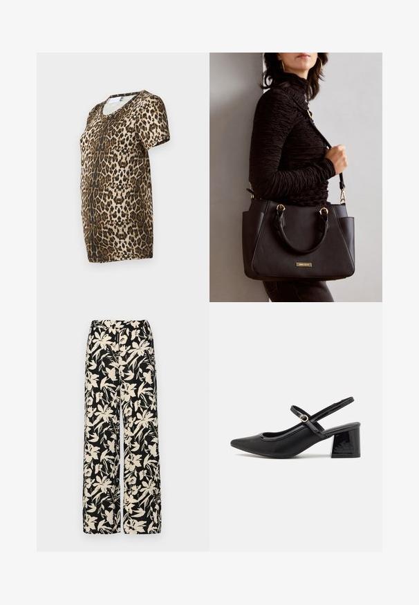 T-skjorte med leopardmønster som har V-hals, korte ermer og et mykt, teksturert stoff i brun og gull mot en svart bakgrunn.; Sorte vide bukser med et cremet blomster mønster. Fremstillet af letvægtsstof, med en glat tekstur og en høj talje.; Sorte lakk lær slingback hæler med spiss tå, et avrundet utskjæringsdesign og blokkheel. Har en gulltone spenne som detalj.; Svart håndveske med teksturert overflate, doble topphåndtak og justerbar skulderrem. Har detaljer i gulltone og sidelommer.