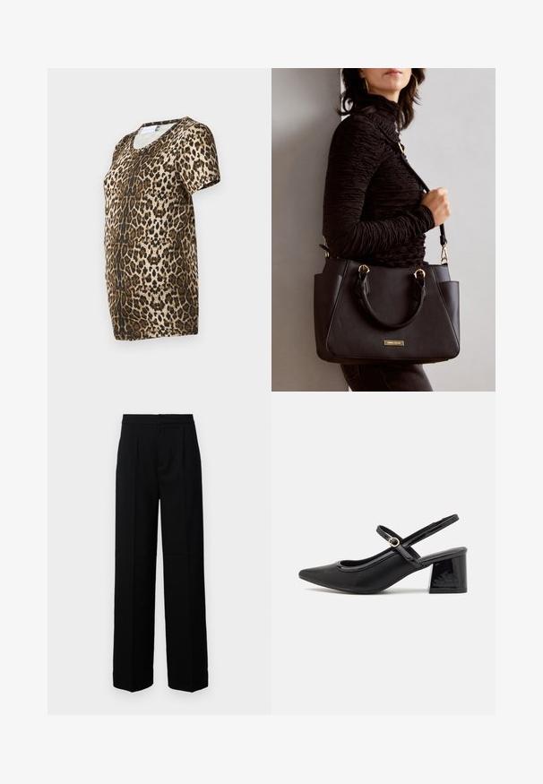 T-shirt met luipaardprint, voorzien van een V-hals, korte mouwen en een zachte, gestructureerde stof in bruin- en goudtinten op een zwarte achtergrond.; Zwarte wijd uitgesneden broek met een gladde textuur, voorzien van een rechte voorkant, plooien en een genaaide tailleband. Geen zichtbare hardware of patronen.; Zwarte gepolijste leren slingback hakken met een spitse neus, een ronde uitsnede en een blokhak. Voorzien van een gouden gespaccent.; Zwarte handtas met gestructureerd oppervlak, dubbele bovenhandvatten en verstelbare schouderriem. Voorzien van goudkleurige hardware en zijzakken.