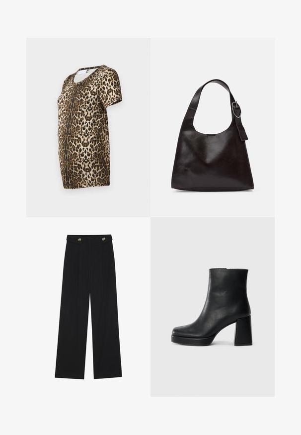 Majica s leopardjim vzorcem, ki ima v-izrez, kratke rokave in mehak, teksturiran material v odtenkih rjave in zlate na črni podlagi.; Črne široke hlače s visokim pasom, gumbnimi detajli na pasu in sprednjimi gubami.; Črne usnjene gležnjarje z blok peto in platformo, prikazane s strani na enobarvni beli podlagi.; Rjava usnjena torba za ramo z gladko teksturo, okroglo obliko, širokim trakom in krožno kovinsko akcenco na ročaju.