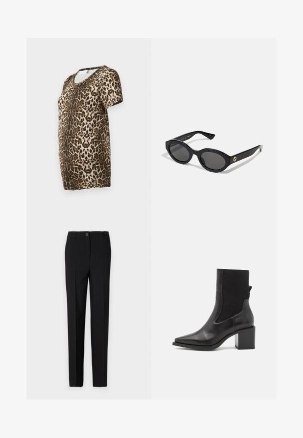 T-shirt med leopardmønster, der har v-hals, korte ærmer og et blødt, struktureret stof i nuancer af brun og guld mod en sort baggrund.; Sorte skræddersyede bukser med lige ben-design, der har en knaplukning og bæltestropper, lavet af glat stof.; Sort ankelstøvle med spids tå, lavet af glat læder og elastisk stof. Har en blokhæl og minimalistisk design.; Sorte ovale solbriller med mørke linser og blank plastramme. Har et guldlogo på stykket, hvilket giver et slankt og moderne design.; Blå mønstret håndtaske lavet af stof, med en buet form, sort læderrem og logodesign i en lysere skygge.