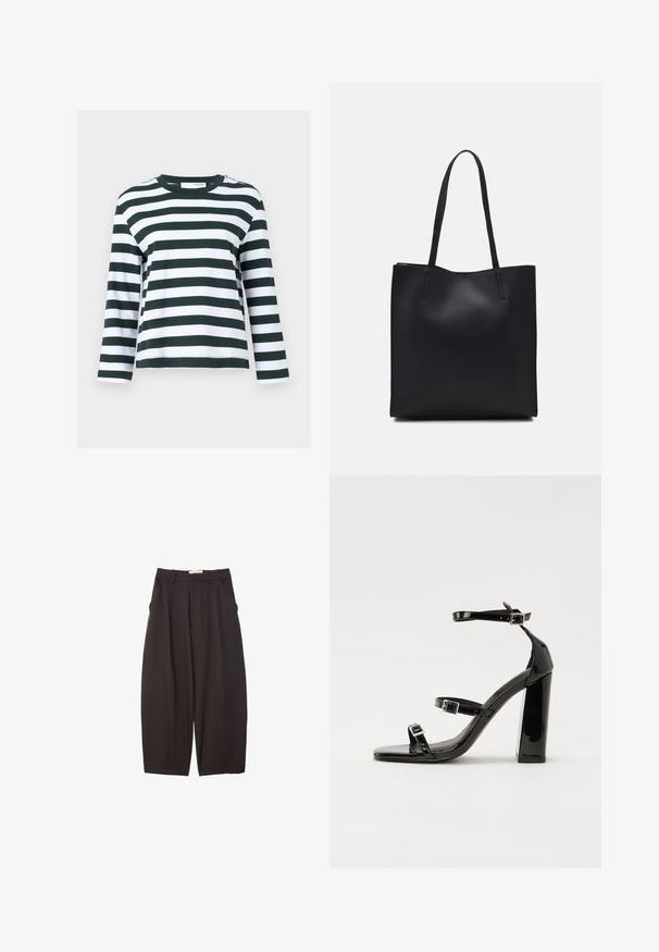 Dug uzica s dugim rukavima u zelenim i bijelim horizontalnim prugama. Izrađena od mekog pamuka, ima okrugli izrez i opušteni kroj.; Crne široke hlače napravljene od glatke tkanine, s visokim strukom, prednjim nabranjima i bočnim džepovima. Jednostavan dizajn bez ukrasa.; Crne lakirane sandale na pete sa kvadratnim nosom, trakama oko gležnja i srebrnim kopčama. Imaju čvrst blok petu za stabilnost.; Crna kožna torba za nošenje s glatkom teksturom, pravokutnim oblikom i dvije duge ručke. Nema vidljivih metalnih dijelova ili ukrasa.