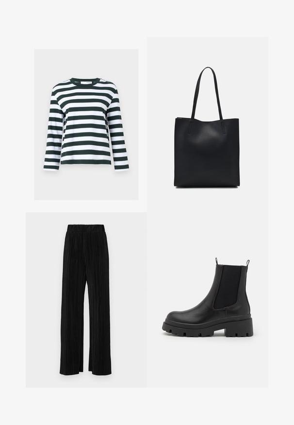 Langärmliges Oberteil mit grün-weißen horizontalen Streifen. Hergestellt aus weicher Baumwolle, mit Rundhalsausschnitt und entspannter Passform.; Schwarze plissierte Hose mit elastischem Bund. Verfügt über weite Hosenbeine und einen glatten, strukturierten Stoff mit vertikalen Streifen.; Schwarze Leder-Ankle-Boots mit elastischen Seitenpaneelen, kräftiger Profilsohle und Zugschlaufen. Glatte Oberfläche mit einem abgerundeten Design der Zehenpartie.; Schwarze Laptoptasche aus Leder mit glatter Textur, rechteckiger Form und zwei langen Griffen. Keine sichtbaren Beschläge oder Verzierungen.