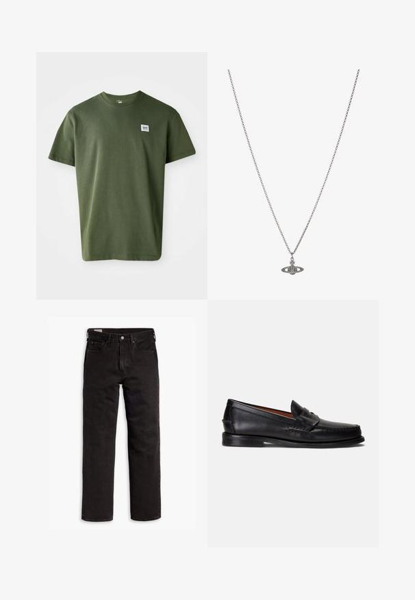 Olivno zeleni bombažni T-shirt s krožnim izrezom, kratkimi rokavi in majhnim logom na levem prsnem predelu. Gladka tekstura, sproščen kroj.; Črne kavbojke ravnega kroja z žepi, gumbnim zapiranjem in zankami za pas, ležijo položene na belem ozadju.; Črni usnjeni loaferji z gladkim zaključkom, zaobljenim koničkom in okrasnim trakom čez zgornji del. Imajo nizko črno podplato.; Srebrna verižica z obeskom v obliki planeta, okrašena z majhnimi detajli in zapletenimi vzorci.