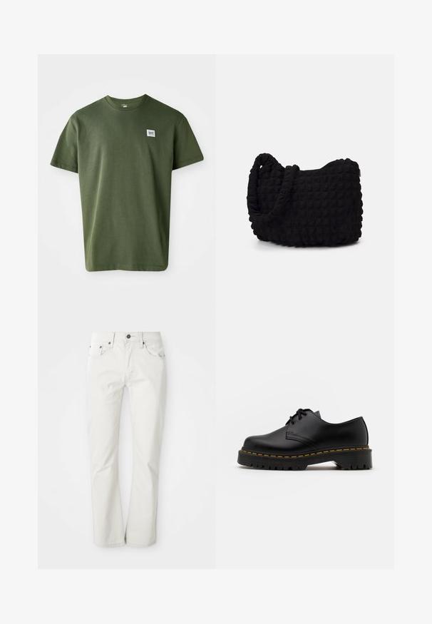 Oliwkowa bawełniana koszulka z okrągłym dekoltem, krótkimi rękawami i małą naszywką z logo na lewej piersi. Gładka textura, luźny krój.; Jasne dżinsy wykonane z mieszanki bawełny. Prosty krój nogawki z pięcioma kieszeniami i metalowym zapięciem. Gładka tekstura.; Czarne skórzane buty na sznurówki z zaokrąglonym noskiem, teksturowaną gumową podeszwą i żółtym przeszyciem wokół podstawy. Płaski design i gładkie wykończenie.; Czarna torba z materiału o fakturowanym, pikowanym wzorze. Owalny kształt, krótkie, grube rączki oraz miękka, elastyczna struktura.