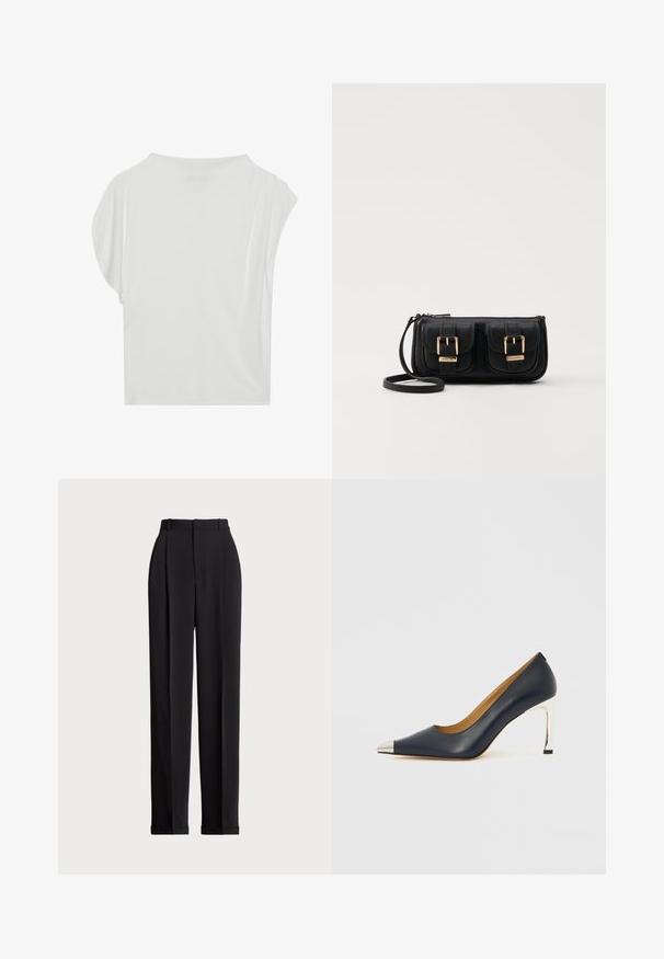 White short-sleeve blouse featuring a relaxed fit, soft texture, and a rounded neckline with subtle draped detailing on one shoulder.; Black tailored trousers with a high waist, featuring pleats at the front, a straight leg design, and a cuffed hem. Made from smooth fabric.; Navy leather high heel shoe with a pointed toe, featuring a silver metallic cap and a shiny silver stiletto heel.; Black leather crossbody bag with two front pockets, gold buckles, zipper closure, and a slim strap. Textured surface and compact rectangular shape.