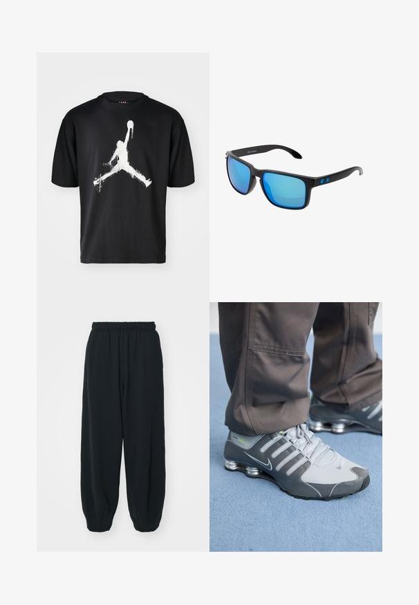 Črna bombažna majica s kratkimi rokavi, ki na sredini prsnega dela prikazuje veliko belo silhueto skakajoče figure z košarko.; Črne, elastične hlače za prosti čas z ohlapnim krojem, manšetami na gležnjih, gladko teksturo in brez vidnih vzorcev ali dodatkov.; Sive in srebrne Nike Shox teniske imajo eleganten dizajn, z mrežastimi in sintetičnimi materiali, zaobljenim nosom in oblazinjenim ovratnikom.; Stilske črne sončne očala z modrimi zrcalnimi lečami, kvadratnimi okvirji in modrim poudarkom na templju. Narejena iz lahkega plastičnega materiala.
