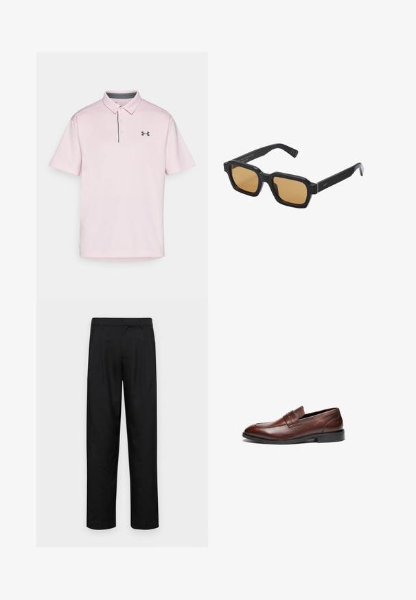 Polo rosa realizzato in tessuto testurizzato, con colletto, due bottoni e un accento grigio scuro sul colletto e un logo nero sul petto.; Pantaloni neri realizzati in tessuto liscio, caratterizzati da un taglio dritto, due pieghe frontali e una vita standard con passanti per la cintura.; Mocassini in pelle marrone con finitura liscia, punta arrotondata, fascia decorativa e suola in gomma nera. Presentano dettagli di cucitura minimi.; Impossibile generare il testo alternativo.; Borsa a tela in bianco sporco, con manici corti e la scritta "LES DEUX" in caratteri neri in grassetto. Design semplice e resistente.