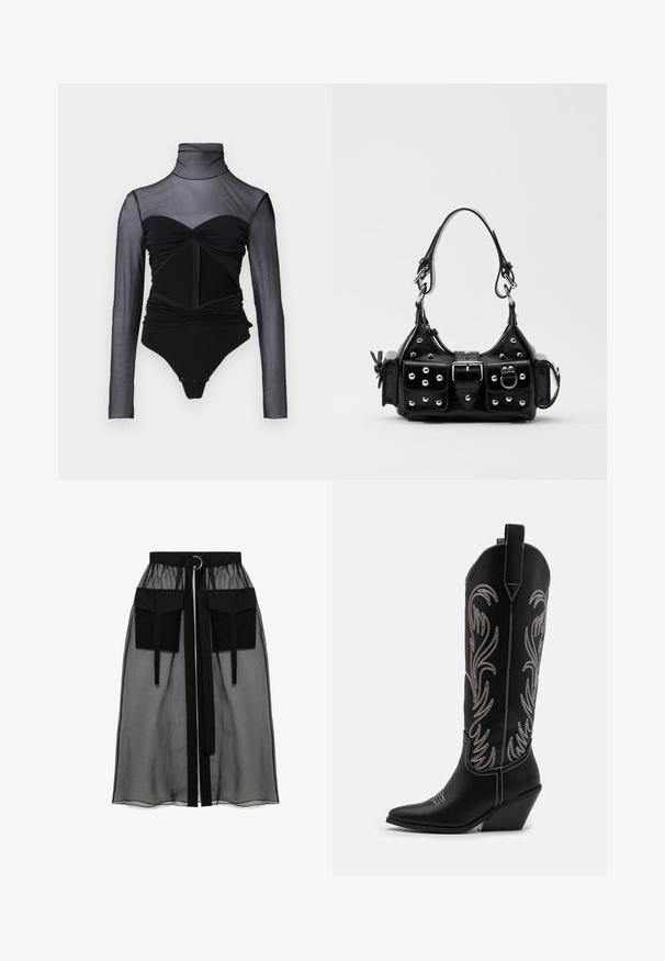 Mustmustel mustvalgusega bodysuit, millel on pikkad varrukad. Omab kõrget kaelust, volangdetailide ja esimest tõmblukku. Sile kangas, mis on lähedalt keha järgi vormitud.; Must mustriga seelik, millel on kogutud vöökoht, kaks suurt esitaskut, vöötie ja ringikujuline metallaktsent.; Mustad mustad nahast cowboy saapad terava ninaga, vööndkanna ja hõbedaste tikanditega lillemustritega varred. Kontrastõmblused üle kogu.; Must värvi nahast käekott, millel on kaarjas disain, hõbedased nupukesed, kinnitusahe ja kaks külgtaskut. Reguleeritav rihm erinevate kandmisvõimaluste jaoks.