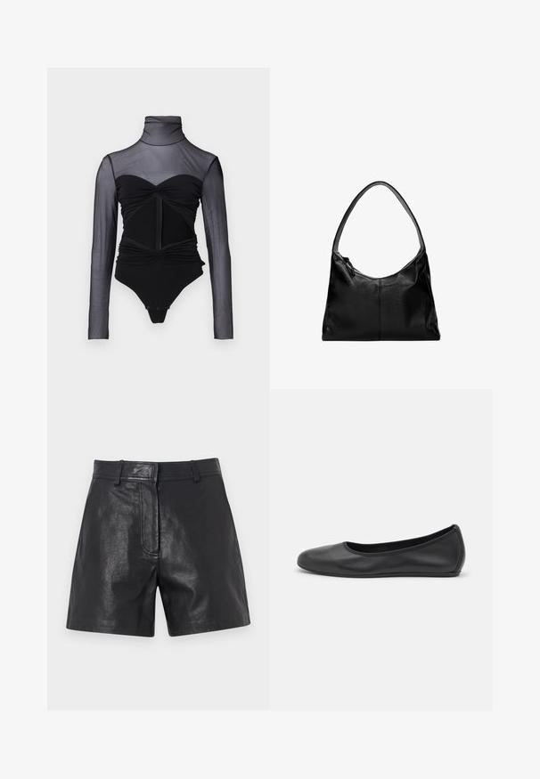 Black bodysuit with a sheer long-sleeve upper. Features a mock neck, ruched detailing, and a front zipper. Smooth fabric with a fitted design.; Black leather shorts with a smooth texture, featuring a tailored fit, belt loops, and a subtle front seam detail.; Black leather ballet flat with a rounded toe, smooth texture, minimal stitching detail, and a flexible sole design.; Black leather shoulder bag with a smooth texture, a curved top, and a single strap. Features a zipper closure and minimalist design.