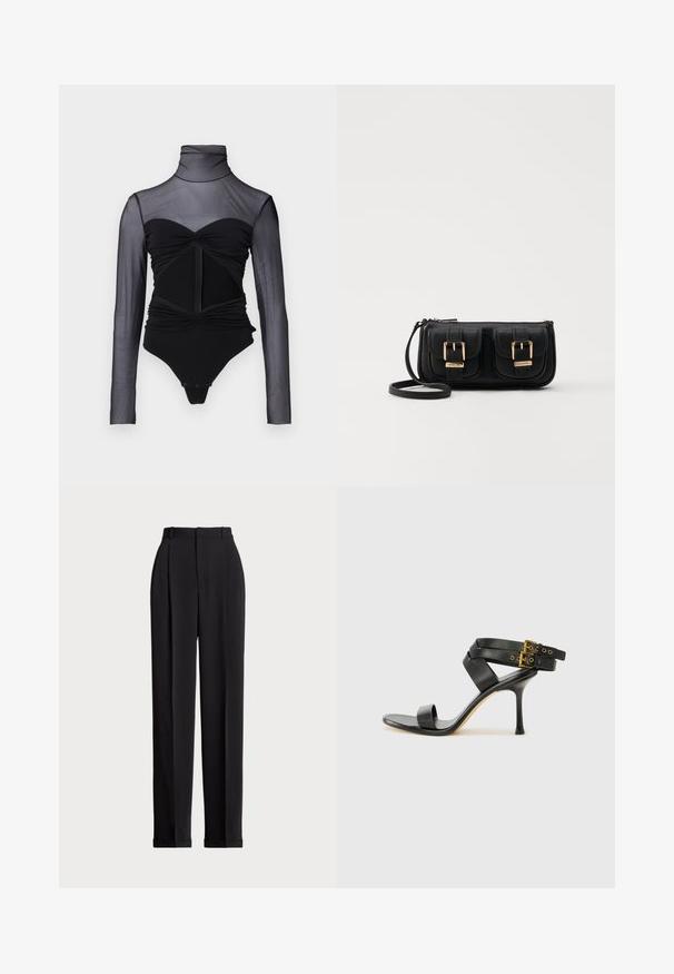 Black bodysuit with a sheer long-sleeve upper. Features a mock neck, ruched detailing, and a front zipper. Smooth fabric with a fitted design.; Black tailored trousers with a high waist, featuring pleats at the front, a straight leg design, and a cuffed hem. Made from smooth fabric.; Black heeled sandal with crossed straps and adjustable buckle. Features a smooth texture and tapered stiletto heel.; Black leather crossbody bag with two front pockets, gold buckles, zipper closure, and a slim strap. Textured surface and compact rectangular shape.