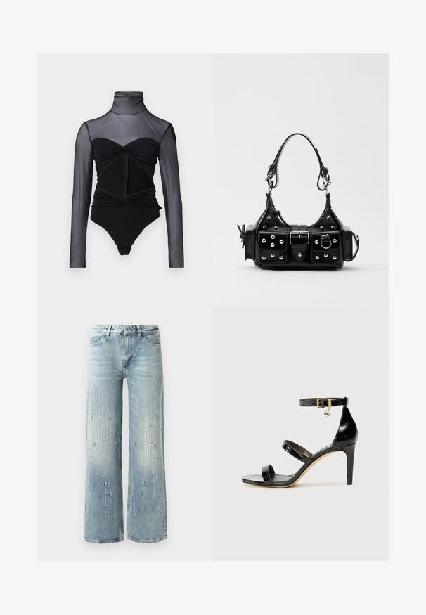 Body negru cu partea superioară dintr-un material transparent cu mâneci lungi. Dispune de un guler înalt, detalii cu plisare și un fermoar în față. Material neted cu un design ajustat.; Jeans largi de culoare albastru deschis, confecționați din denim, având un efect de culori în degrade și broderii din cristale strălucitoare argintii dispuse pe verticală.; Sandale negre din piele lacuită, cu trei curele, cataramă la glezna și toc stiletto de 10 cm. Prezintă detalii din metal auriu și un charm cu logo.; Geantă de piele neagră cu un design curbat, dotată cu studuri argintii, o cataramă și două buzunare laterale. Curea ajustabilă pentru opțiuni de transport.