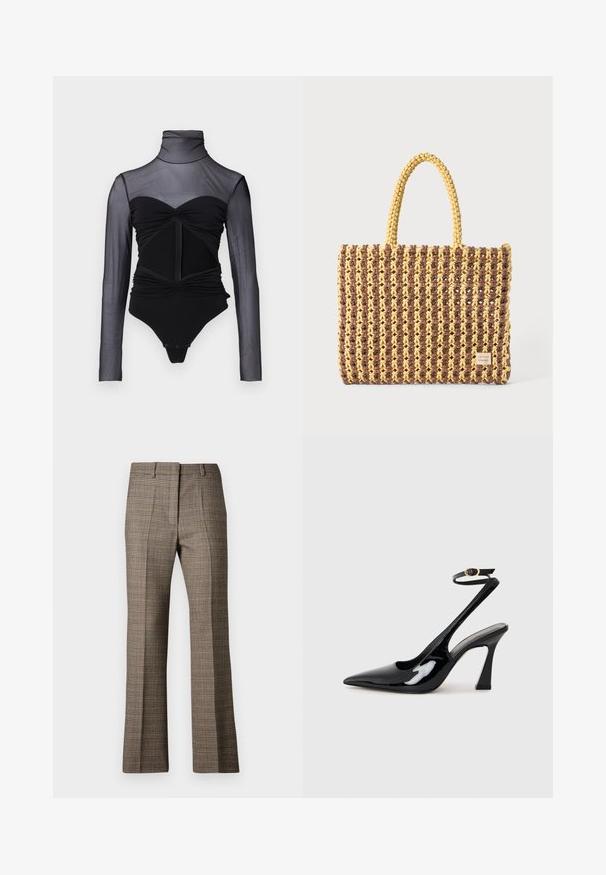 Črn bodi z prosojnim zgornjim delom in dolgimi rokavi. Ima lažni ovratnik, naborke in sprednji zadrgo. Gladka tkanina z oprijetim dizajnom.; Brašnaste karirane hlače ravnega kroja, izdelane iz teksturirane tkanine s subtilnimi odtenki bež in temnejših rjavih odtenkov znotraj vzorca.; Črne patentne usnjene slingback visoke pete s koničastim nosom, nastavljivim gležnjastim trakom in zmerno blokasto peto. Gladka tekstura z bleščečim zaključkom.; Tkanina torba v rjavi in rumeni barvi, ki ima pravokotno obliko, dve ročaji in teksturirano površino z vidnimi šivi ter oznako blagovne znamke.