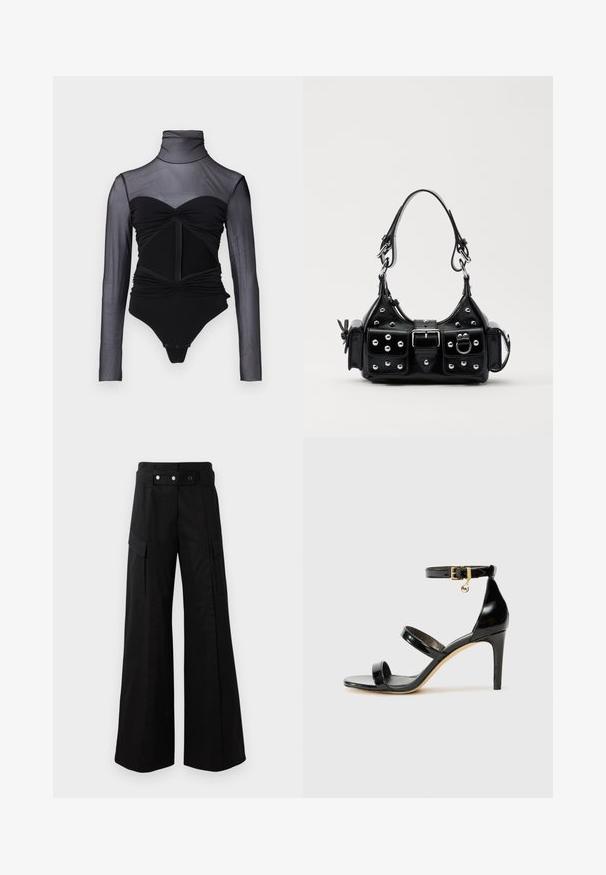 Body nero con parte superiore trasparente a maniche lunghe. Presenta un colletto alto, dettagli arricciati e una zip frontale. Tessuto liscio con un design aderente.; Pantaloni neri a gamba larga con vita alta, dotati di ampie tasche laterali, due bottoni frontali e un dettaglio a anello. Realizzati in un tessuto resistente.; Sandalo in pelle verniciata nera con tre cinturini, fibbia alla caviglia e tacco a stiletto di 10 cm. Presenta dettagli in hardware dorato e un charm con logo.; Borsa a mano in pelle nera con design curvo, caratterizzata da borchie argentate, una fibbia e due tasche laterali. Tracolla regolabile per diverse opzioni di trasporto.
