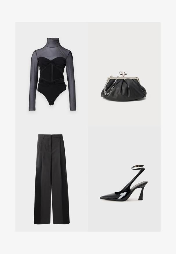 Schwarzer Bodysuit mit einem transparenten Oberteil mit langen Ärmeln. Verfügt über einen Stehkragen, geraffte Details und einen Reißverschluss auf der Vorderseite. Glattes Material mit tailliertem Schnitt.; Schwarze, weit geschnittene Hose mit hoher Taille, versehen mit Frontfalten, einer glatten Textur und einem maßgeschneiderten Finish. Entworfen für eine lockere Passform.; Schwarze Lackleder-Slingbacks mit spitz zulaufender Zehenpartie, verstellbarem Knöchelriemen und moderatem Blockabsatz. Glatte Textur mit glänzender Oberfläche.; Schwarze Leder-Clutch mit geraffter Textur, silberfarbener Metallrahmen, Druckverschluss und Kettenriemen. Glatte, weiche Oberfläche.