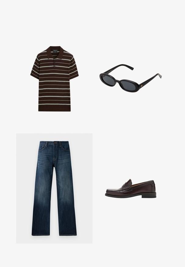 Hnědý polokošile s krátkým rukávem, bílými a světle šedými pruhy, s tříknoflíkovým zapínáním a plochým límcem. Vyrobeno z měkkého materiálu s volným střihem.; Tmavě modré džíny s rovnými nohavicemi, mají lehkou texturu, poutka na pás a klasický pětipocket design.; Hnědé kožené mokasíny s kulatou špičkou, ozdobným šitím na přední straně a plochou gumovou podrážkou pro podporu a odolnost.; Černé oversized sluneční brýle s oválnými čočkami, hladkým plastovým rámem a zlatými akcenty na spáncích. Tmavé čočky poskytují ochranu před sluncem.