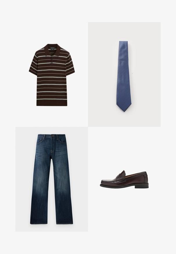 Brun kortærmet polo shirt med hvide og lysegrå striber, tre-knap lukning og flad krave. Fremstillet af blødt stof med en afslappet pasform.; Mørkeblå denimjeans med lige ben, der har en let tekstur, bæltestropper og en klassisk fem-lomme stil.; Brune læder loafers med rund tå, dekorativ syning på forsiden og en flad gummisål for støtte og holdbarhed.; Blå stribet slips med et diagonalt mønster, lavet af glat stof med en spids ende. Striberne skifter i en lidt mørkere nuance.