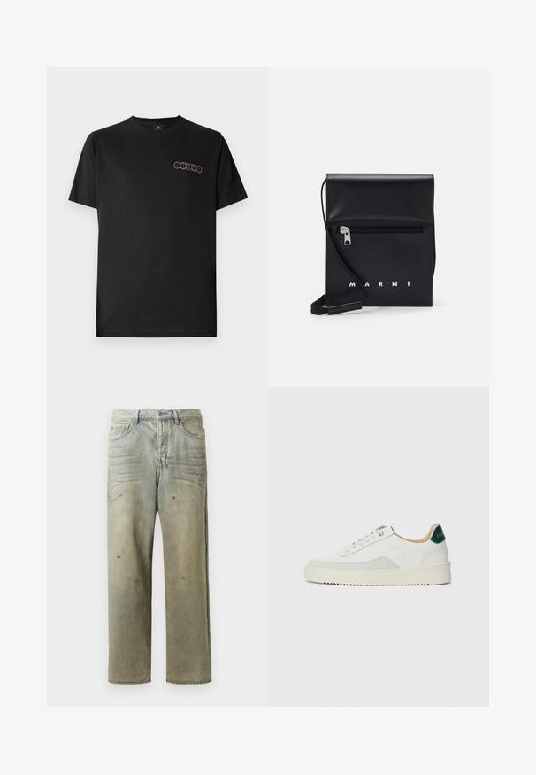 Sort bomulds T-shirt med rund hals og korte ærmer. Har et farverigt grafisk design af overlappende ringe på venstre bryst.; Slidte denimjeans i lysegrøn med lige ben, femlommerdesign og ujævn falming med malersplatter.; Hvide sneakers med ruskindsdetaljer, rund tå, flade snørebånd og en cremet gummisål. Har grøn branding på hælen.; Sort læder crossbody taske med en lynlåslomme foran, præget logo og justerbar rem. Glat tekstur med en struktureret form.