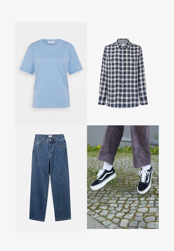 MSCH Copenhagen SMALL LOGO TEE - Pamata T-krekls - azurine; Raibspalvots flaneļa krekls tumši zila, balta un sarkana krāsā. Garas piedurknes, pogāta fronte, divas krūšu kabatas un diskrēta logo apakšmalā.; Klasiskie zili džinsi ar taisnu kāju dizainu, pieciem kabatām un pogu aizdari. Iezīmējas ar vidēju mazgāšanu un izturīgu tekstūru.; Melni zamšādas sporta apavi ar baltiem akcentiem, ar apaļu purngalu, biezu baltu zoli un klasisku šņorēšanas dizainu, uzvilkti ar baltām zeķēm un violetām biksēm.