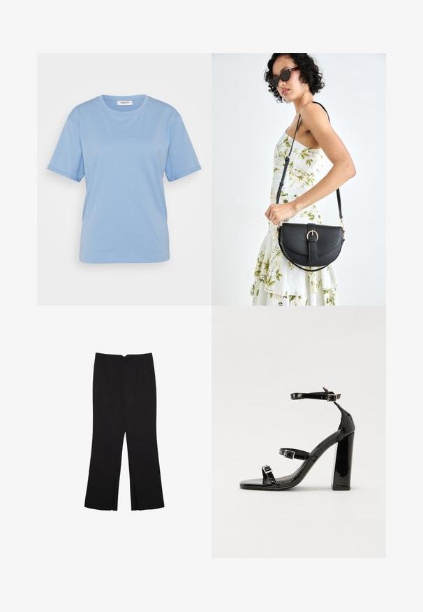 MSCH Copenhagen SMALL LOGO TEE - T-shirts basic - azurine; Sorte bukser med lige pasform, der har frontlommer og slidser i kanten. Lavet af blødt, glat stof. Velegnet til forskellige anledninger.; Sorte patenterede hælsandaler med firkantet tå, ankelremme og sølvspænder. Har en chunky blokHæl for stabilitet.; Sort læderhåndtaske med en buet form, aftagelig rem og guldfinish. Tasken har en klap med en spænde detalje.