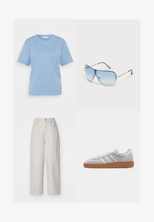 MSCH Copenhagen SMALL LOGO TEE - Jednoduché tričko - azurine; Béžové široké kalhoty z bavlny s vysokým pasem, zapínáním na knoflík a zip a čtyřmi kapsami; hladký povrch s denimovým dojmem.; Svetle šedé nubukové tenisky s bílými koženými akcenty, třemi bílými pruhy a hnědou gumovou podrážkou, s polstrovaným límcem pro pohodlí.; Pilotské sluneční brýle s modrými gradientními skly, stříbrným kovovým rámem a dekorativními hvězdnými akcenty na sklech. Hladký a elegantní design.; Stříbrný náramek s řetízkem s prodlouženými články nahoře. Nahoře je barevný náramek z korálků s černými, modrými, zelenými, žlutými, červenými a průhlednými korálky.