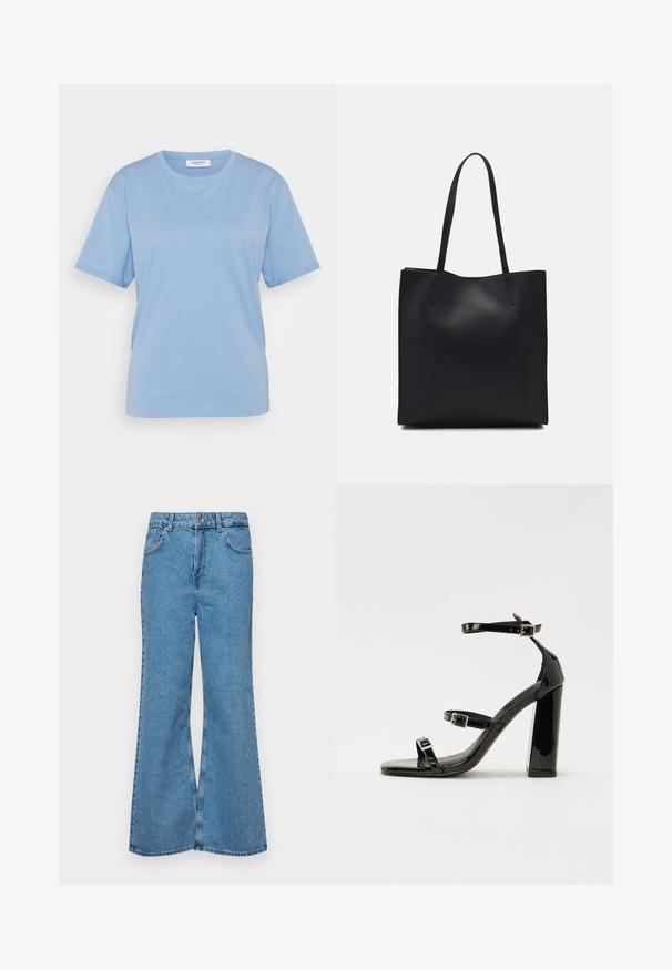 MSCH Copenhagen SMALL LOGO TEE - Paprasti marškinėliai - azurine; Šviesiai mėlynos flared džinsai, pagaminti iš džinsinio audinio, su aukštu liemeniu, penkiomis kišenėmis ir vienu mygtuko užsegimu. Minkštas paviršius su išblukusiu efektu.; Juoda blizgi lakuota basutė su kvadratiniu pirštu, kulkšnies dirželiais ir sidabro sagtimis. Yra tvirta blokinė kulno konstrukcija, užtikrinanti stabilumą.; Juodas odinis tote krepšys su lygia tekstūra, stačiakampio formos ir dviem ilgais rankenomis. Matomų metalinių detalių ar puošybos nėra.