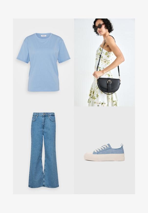 MSCH Copenhagen SMALL LOGO TEE - T-shirts - azurine; Lyseblå vide jeans laget av denim, med høyt liv, fem lommer og en enkelt knappelukking. Myk tekstur med falmet finish.; Lys blå canvastøfler med en kremfarget gummitupp og yttersåle, med hvite snørebånd og en løfteløkke på hælen.; Svart lærveske med en buet form, avtagbar stropp og gullbeslag. Vesken har et klaff med spenne-detall.