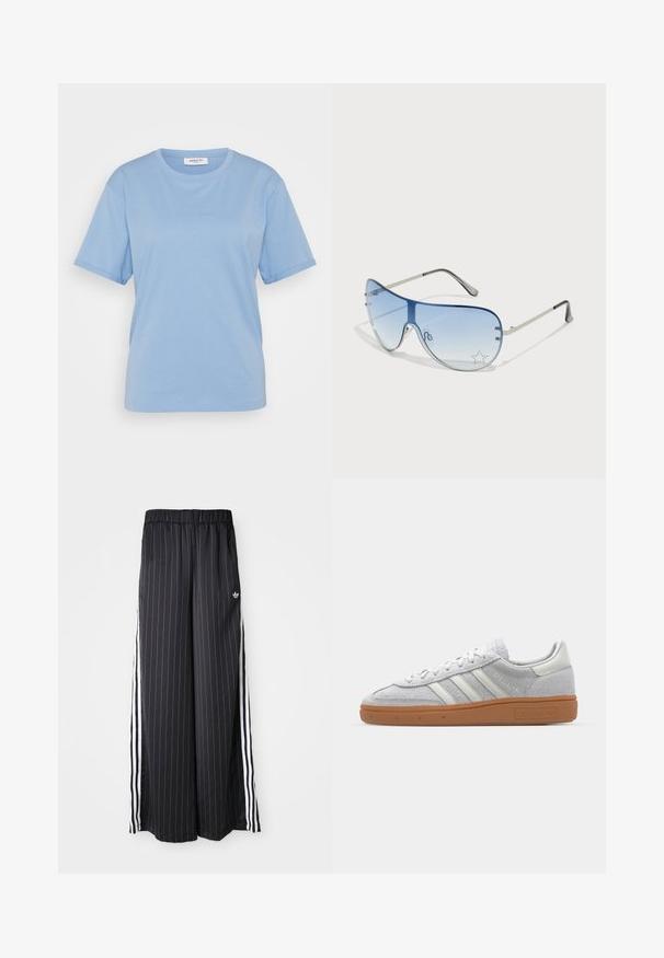 MSCH Copenhagen SMALL LOGO TEE - Tricou basic - azurine; Pantaloni negri cu picioare largi, dungi verticale albe, talie elastică și trei dungi albe pe lateral. Logo-ul Adidas în față.; Pantofii sport din nubuc gri deschis, cu accente din piele albă, trei dungi albe și o talpă din cauciuc maro, având un guler căptușit pentru confort.; Ochelari de soare aviator cu lentilă gradient albastră, ramă metalică argintie și accente decorative sub formă de stele pe lentilă. Design neted și elegant.; Cercei din argint care prezintă două forme de picătură și două forme rotunde, toate având o suprafață lustruită, reflectorizantă și o textură netedă.