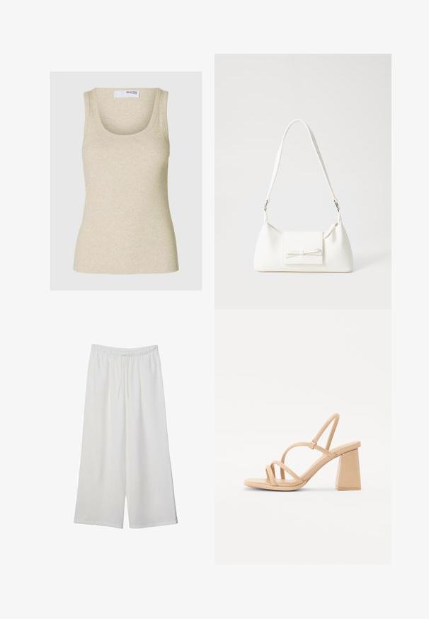 Beige ribbet tank top med en rund halsudskæring og brede skulderstropper. Fremstillet af blødt stof, med en tætsiddende silhuet.; Hvide vidde bukser lavet af letvægtsstof, med en elastisk talje og snøre for justerbar pasform. Glat tekstur.; Nude højhælede sandaler med en kvadratisk blokhæl, tynde stropper og en glat, blank finish. Simpelt design med en stropøverdel.; Hvid syntetisk håndtaske med en trekantet form, flad forsideklap og sløjfedetalje, justerbar strop, glat tekstur og minimalistisk design.