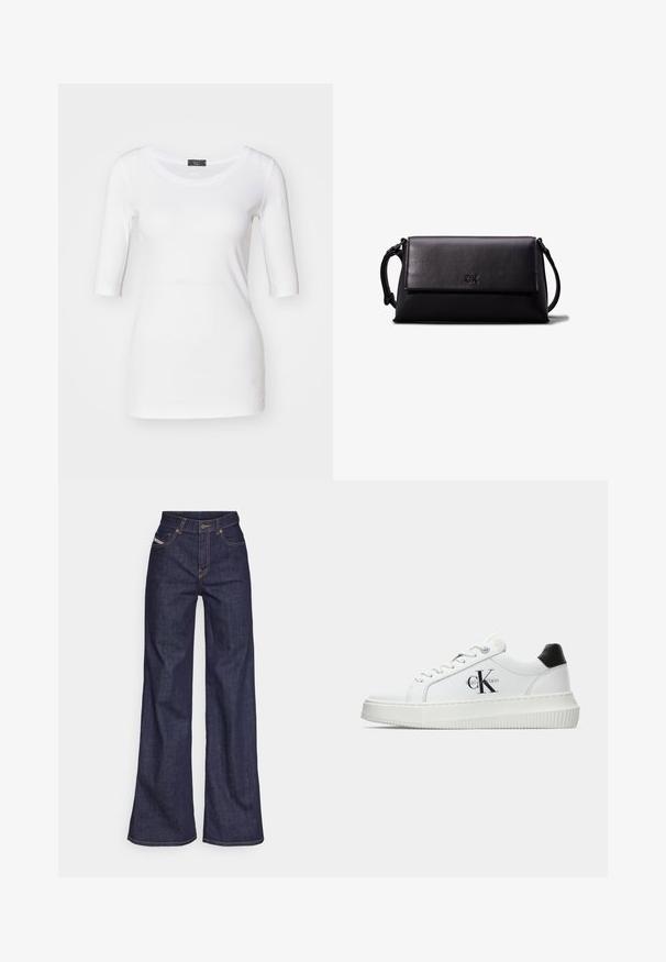 Valge vormitud T-särk kolmeveerandi varrukatega, pehme tekstuur, ümmargune kaelus ja külgdetail hemme lähedal.; Tumedates sinised laiad teksad denimpesus, kõrge vöökohaga, mis on varustatud oranžide õmblustega, viie-taskulise disaini ja nööbiga kinnitusega.; Valge madalate sokkidega jooksutoss, millel on must konts, platvormi tallad, paelad ja Calvin Kleini "CK" logo küljel.; Mustast nahkclutch, millel on ristkülikuline kuju, sile tekstuur, lame klappkinnitus ja väike käepide külgedel. Omab peenelt logo.; Calvin Klein STATEMENT LINKS - Kõrvarõngad - silver-coloured