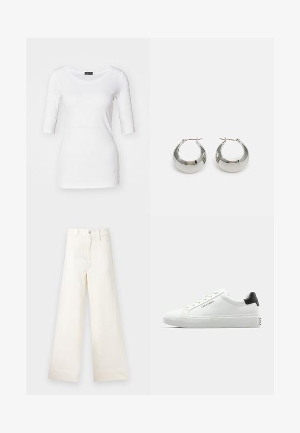 White fitted t-shirt with three-quarter sleeves, soft texture, round neckline, and a side accent detail near the hem.; Wide-leg trousers in light beige cotton. Features a high waist, front pockets, and a straight cut. Clean hem finishing without patterns.; White sneaker with a smooth finish, black heel accent, and lace-up design. Features "Calvin Klein" branding on the side. Minimalist style.; Silver metal hoop earrings with a smooth, shiny surface and a structured, rounded design. Features a hinged clasp for secure wear.