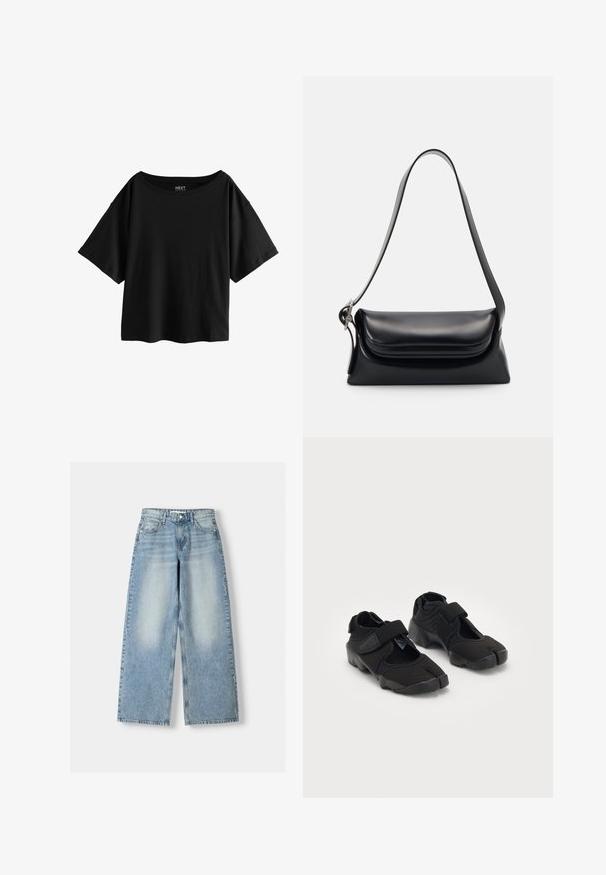 Černé tričko s krátkým rukávem a širokým výstřihem, vyrobené z měkké bavlněné látky, má uvolněný, boxy střih a neobsahuje žádné viditelné vzory.; Světle modré denimové široké kalhoty s vysokým pasem, se sepraným vzhledem, pěti kapsami a rovný střih.; Černé vodní boty vyrobené z pružné tkaniny s suchým zipem, s jedinečným designem rozděleného prstu a texturovanou gumovou podrážkou pro lepší přilnavost.; Černá kožená kabelka se strukturovaným tvarem, hladkým povrchem a jedním ramenním popruhem. Obsahuje jemně zaoblený design klopy.