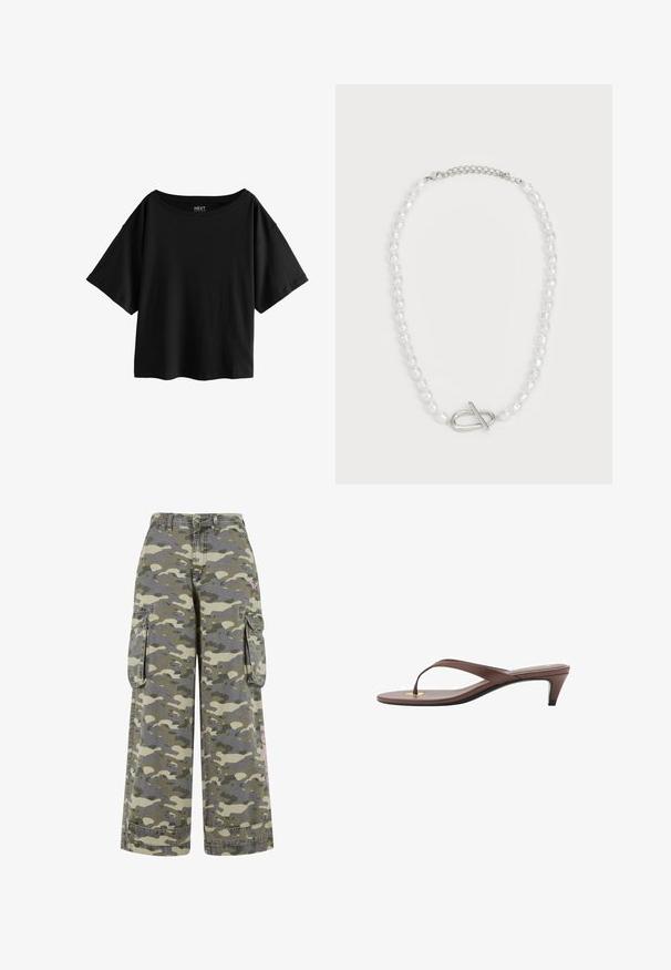 Črna kratka majica s kratkimi rokavi in širokim izrezom, izdelana iz mehke bombažne tkanine, s sproščenim in kvadratnim krojem ter brez vidnih vzorcev.; Cargo hlače v zeleni in bež kamuflažnem vzorcu, s sproščenim krojem, dvema stranskima žepoma in rožnatim poudarkom na nogi.; Rjava natikača na peto s tankim trakom in zaobljenim prstom, ki ima majhen zlat poudarek na podplatu.; Bela perla ogrlica z raznolikimi oblikami in velikostmi, s srebrno zaponko za zapiranje. Gladka tekstura z sijočim končnim obdelavo.