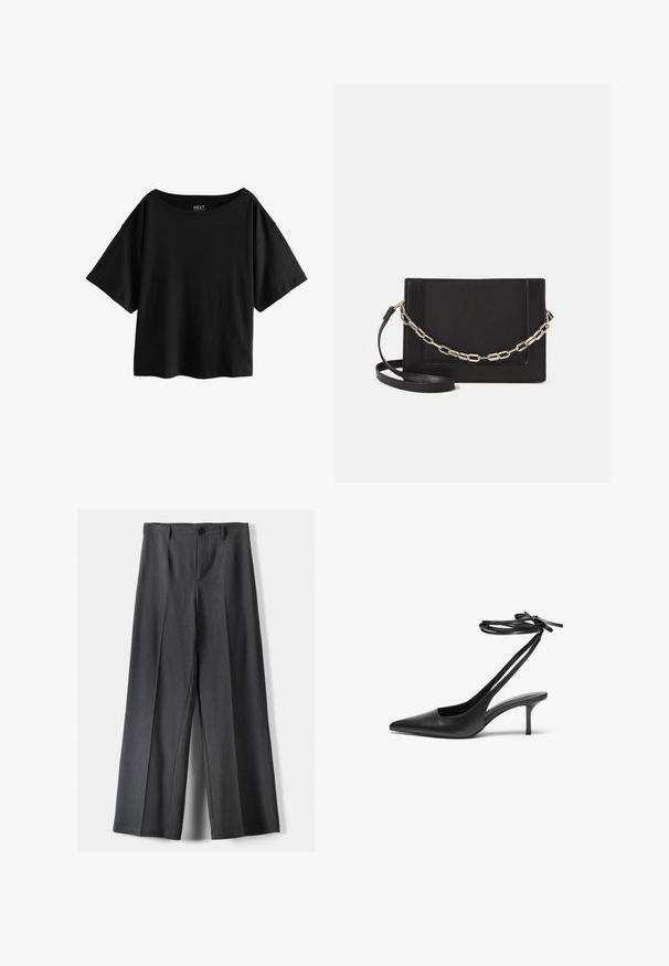 Zwarte T-shirt met korte mouwen en een wijde halslijn, gemaakt van zacht katoen, met een relaxte, boxy pasvorm en zonder zichtbare patronen.; Wijde broek in donkergrijze stof, met een knoopsluiting, voorplooien en riemlussen. Gladde textuur met een op maat gemaakte uitstraling.; Zwarte leren stiletto-schoen met een spitse neus, open achterkant en enkelschoentjes die in een strik zijn geknoopt. Slanke 3-inch hak. Glad textuur, minimalistisch ontwerp.; Zwarte leren schoudertas met een gladde textuur, rechthoekige vorm en een metallic kettingdetail aan de voorkant. Verstelbare schouderband inbegrepen.