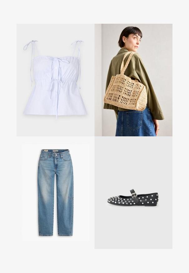 Šviesiai mėlynas juostuotas medvilnės marškinėlis su reguliuojamomis rišimo rankovėmis, susirinkusia juosmena ir priekiniais mygtukais. Lygus audinys su sklandžiu paviršiumi.; Palei mėlyni aukšto liemens džinsai, turintys tiesaus kirpimo dizainą, klasikinius penkių kišenių stilius ir subtiliai nudilusius priekiniai paneliai.; Juoda odinė plokščia batai su apvalia nosimi, puošti sidabro spalvos smeigėmis, išdėstytomis taškiniu raštu, ir sagtimi per vidinę pėdos dalį.; Smėlio spalvos nertos pintinės rankinės stačiakampio formos, su dviem plačiomis rankenomis ir atvira tinklelio rašto struktūra. Dizainas pasižymi tekstūruota medžiaga ir erdvia vidaus dalimi.