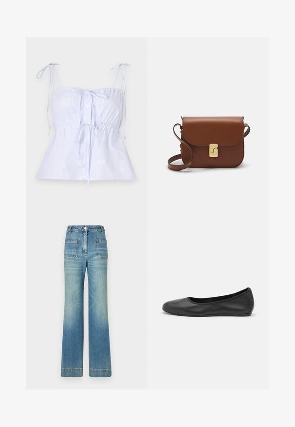 Top in cotone a righe azzurro chiaro con spalline regolabili, vita arricciata e chiusura con bottoni frontali. Tessuto elegante con una superficie liscia.; Jeans a zampa d'elefante in denim azzurro chiaro con cinque tasche, passanti per cintura, chiusura con bottone e una trama leggermente sbiadita, caratterizzati da un dettaglio con logo rosso sul retro.; Pantofole da balletto nere in pelle con punta arrotondata, texture liscia, dettagli di cucitura minimi e design con suola flessibile.; Borsa a tracolla in pelle marrone con chiusura a pattina, hardware color oro, tracolla e una finitura liscia. Forma rettangolare compatta.